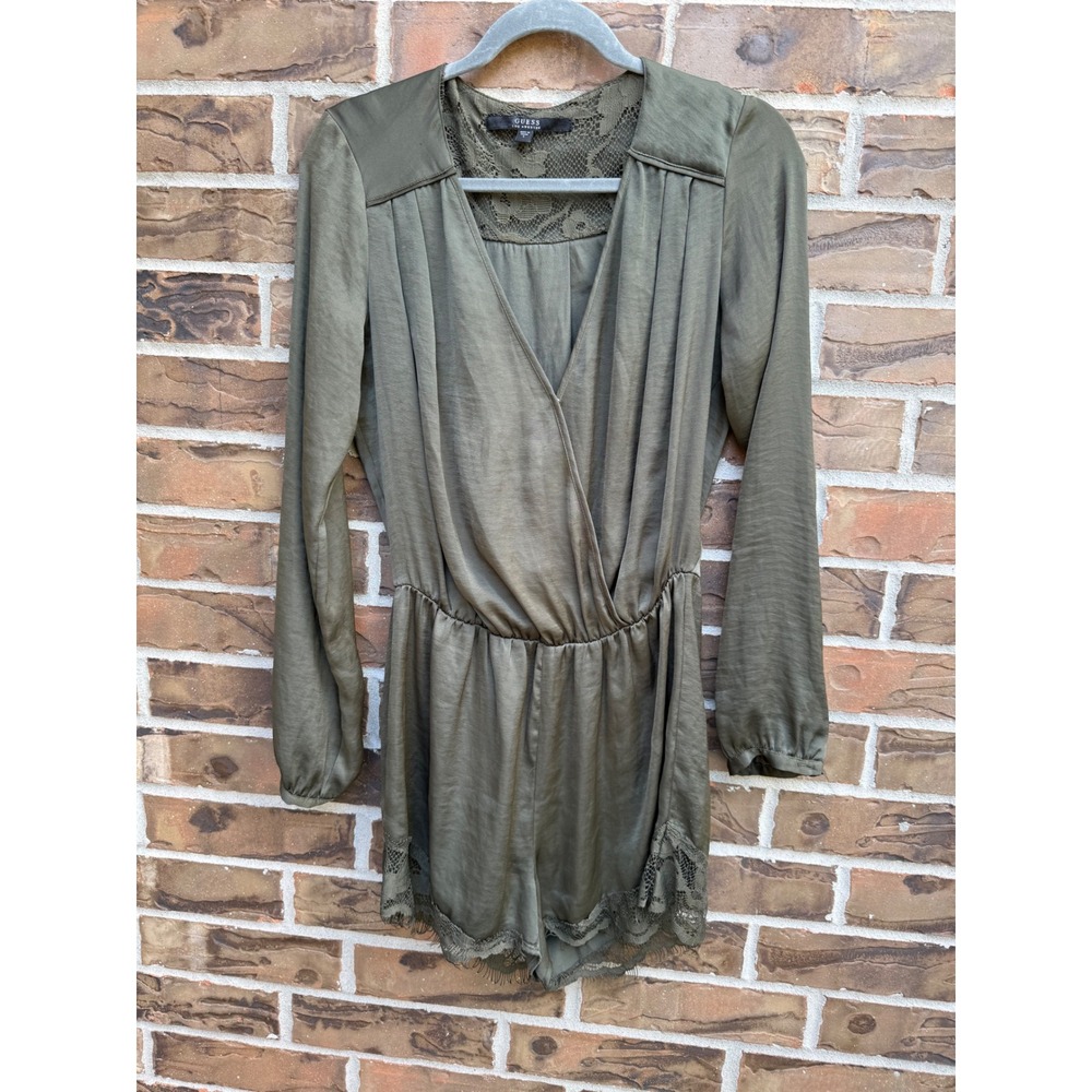 Guess Los Angeles Olive Green Satin Lace Trim Long Sleeve Romper W52R29W5T00 S